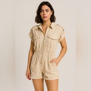 Strut & Bolt Romper Jumpsuit Beige Collared Zip Up Sleeveless Small S‎